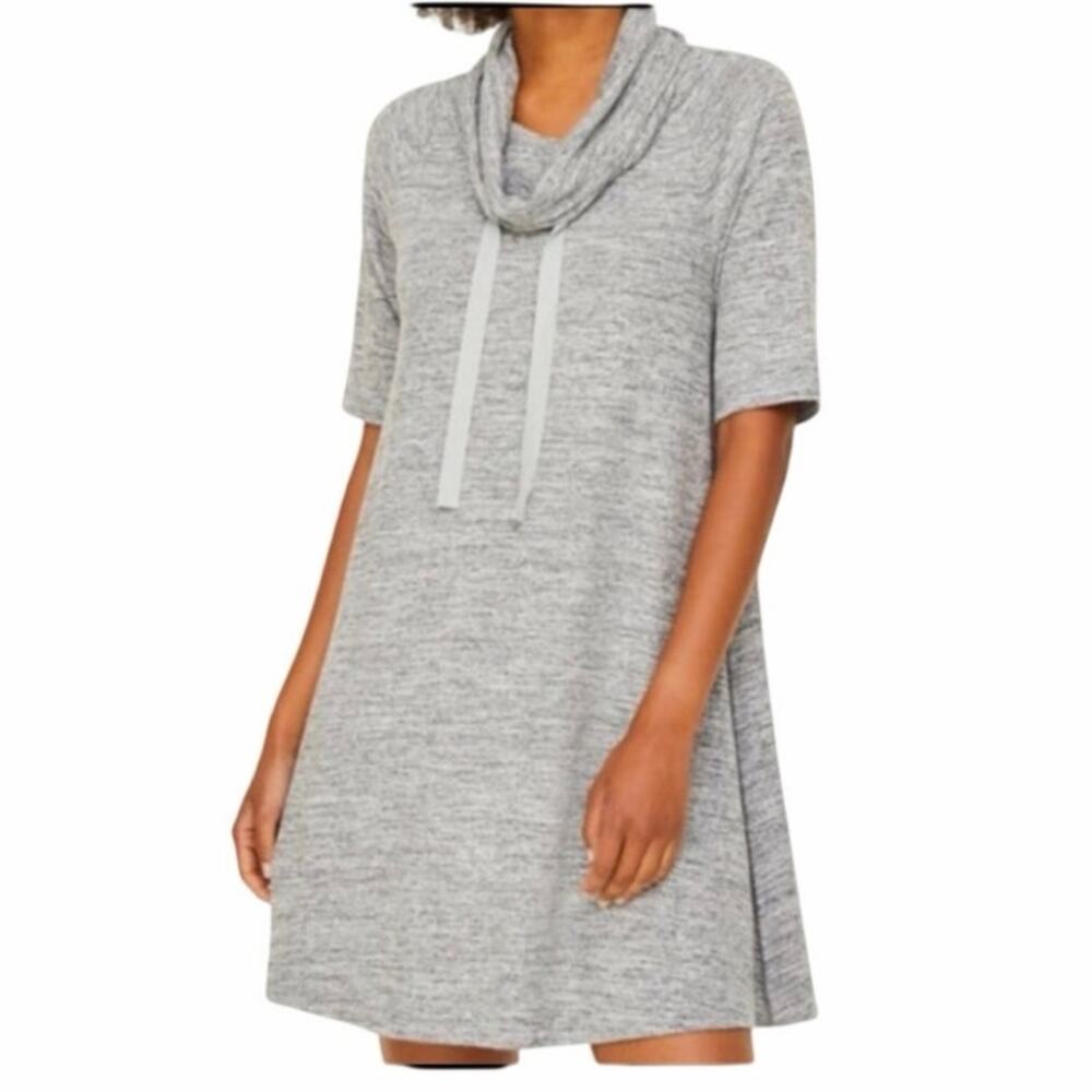 Stylish Lou & Grey Cowl Neck Drawstring Sweater Dress L Crop Sleeves Pockets